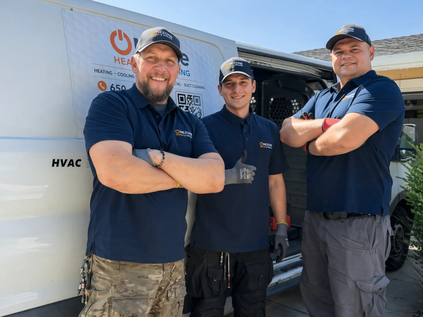 Three HVAC technicians stand in front of a service van with the side door open.