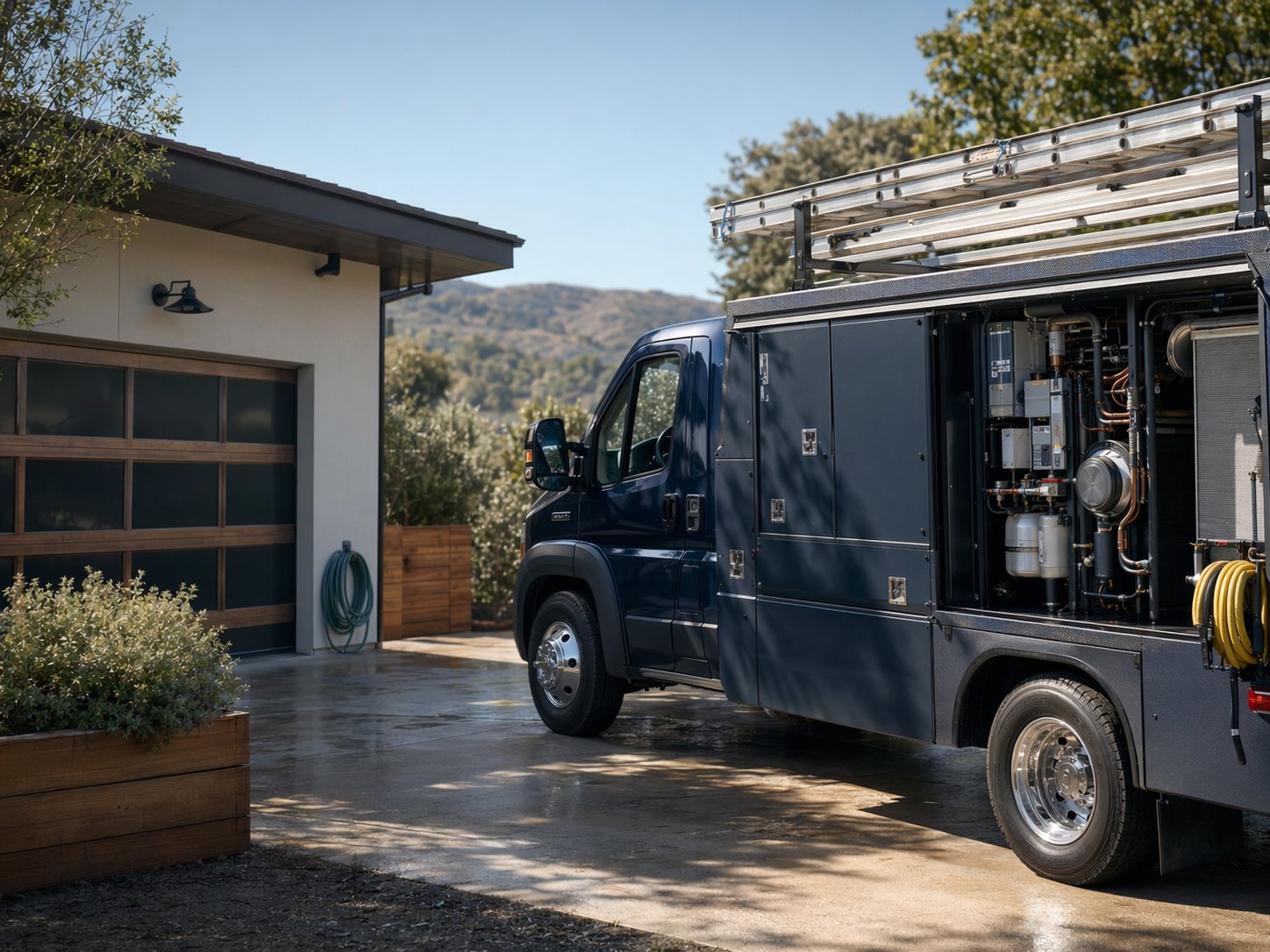 Onzone HVAC service truck beside a Pleasanton workshop garage