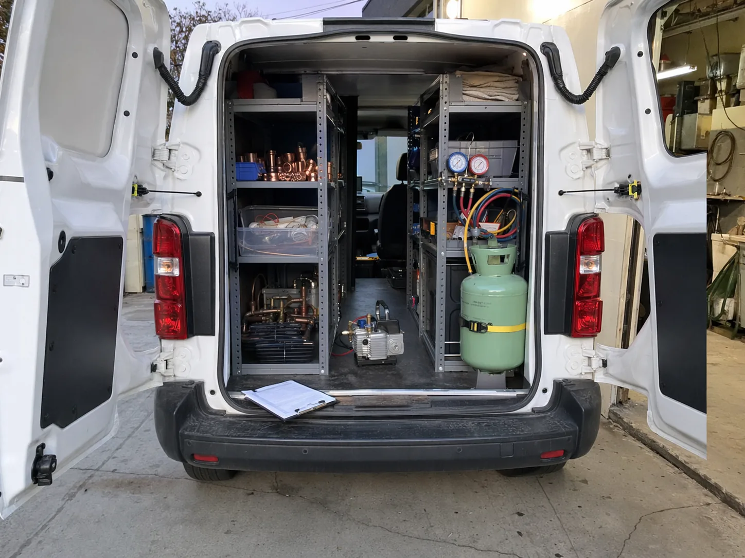 Onzone HVAC service truck beside a Pleasanton workshop garage