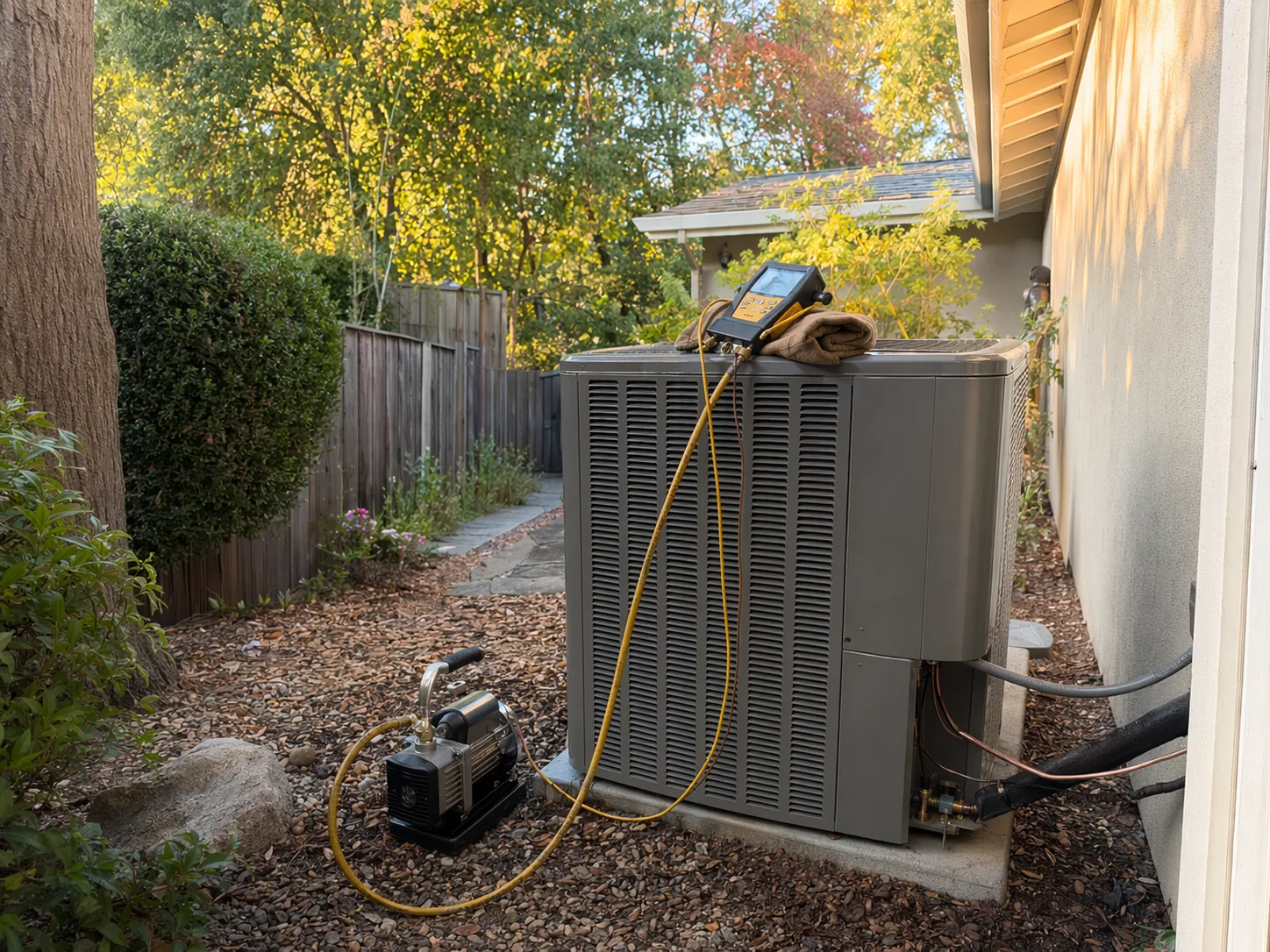 New residential AC condenser installed beside a home in Danville, Bay Area