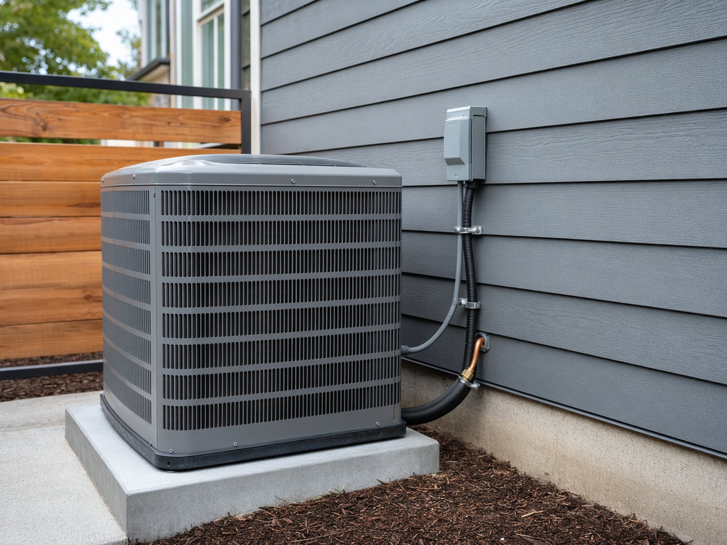 New residential AC condenser on a fresh concrete pad beside a Bay Area home