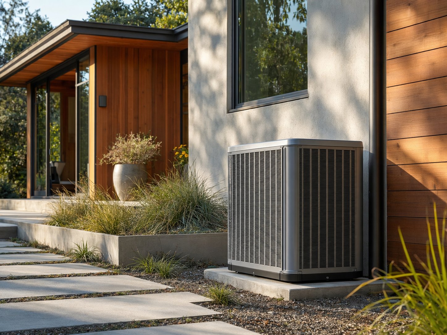 Residential AC condenser unit beside a Bay Area home