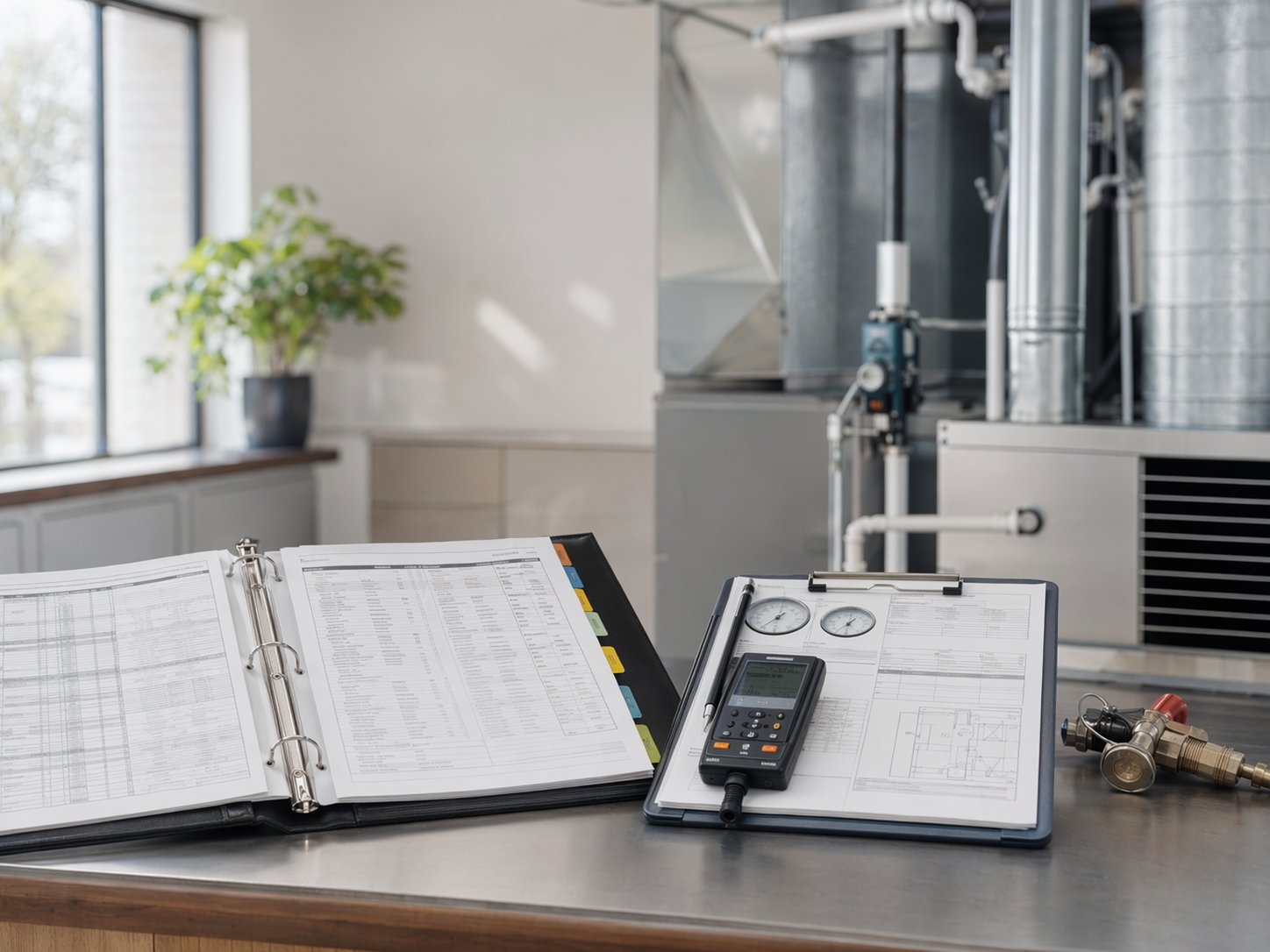 Technician's clipboard and HVAC diagnostic tools on a workbench