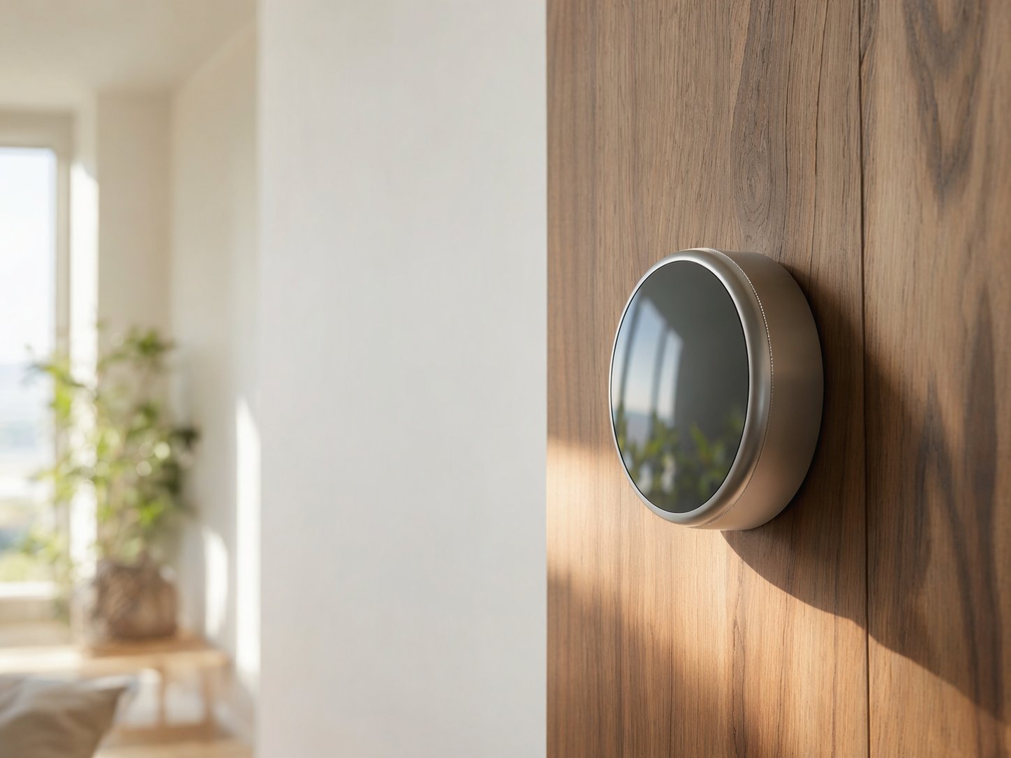 Thermostat on a warm wood wall, soft morning light